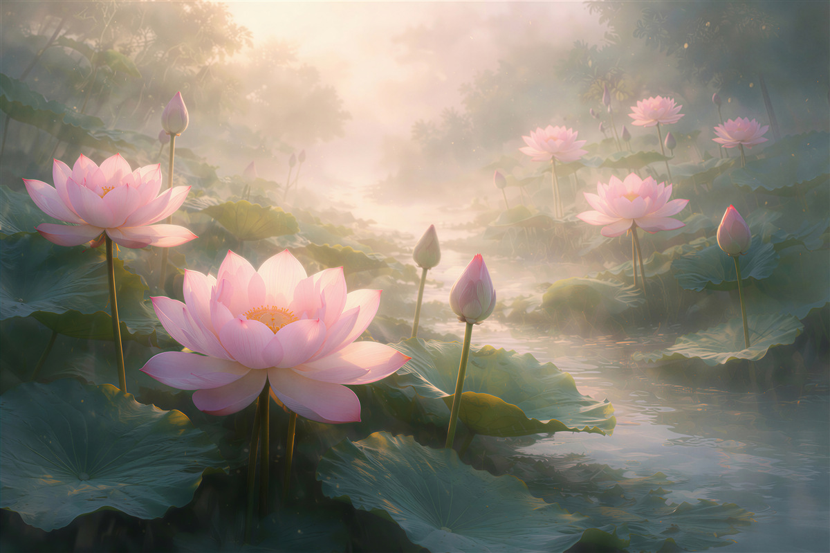 Fototapeten lotusblüten bei Sonnenaufgang über Wasser