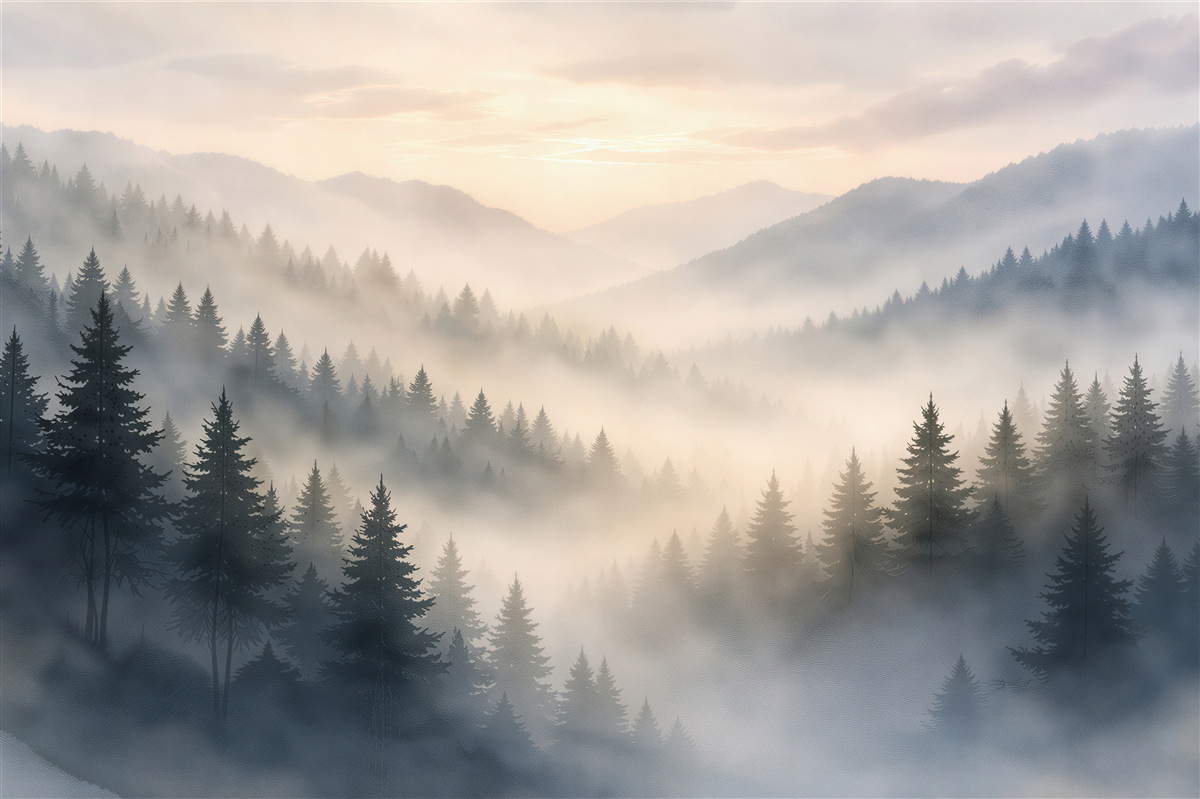Fototapeten Sonnenaufgang über dem Wald im Nebel