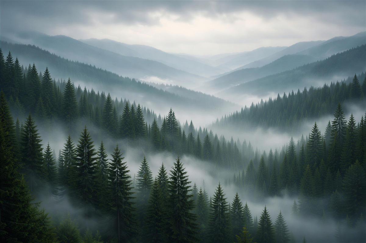 Fototapeten nebliger Bergwald bei Sonnenaufgang