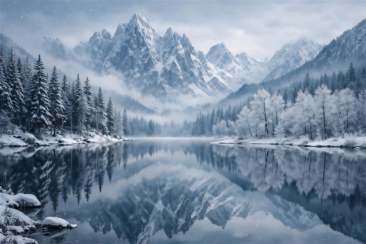 Fototapeten Wintersee unter majestätischen Bergen