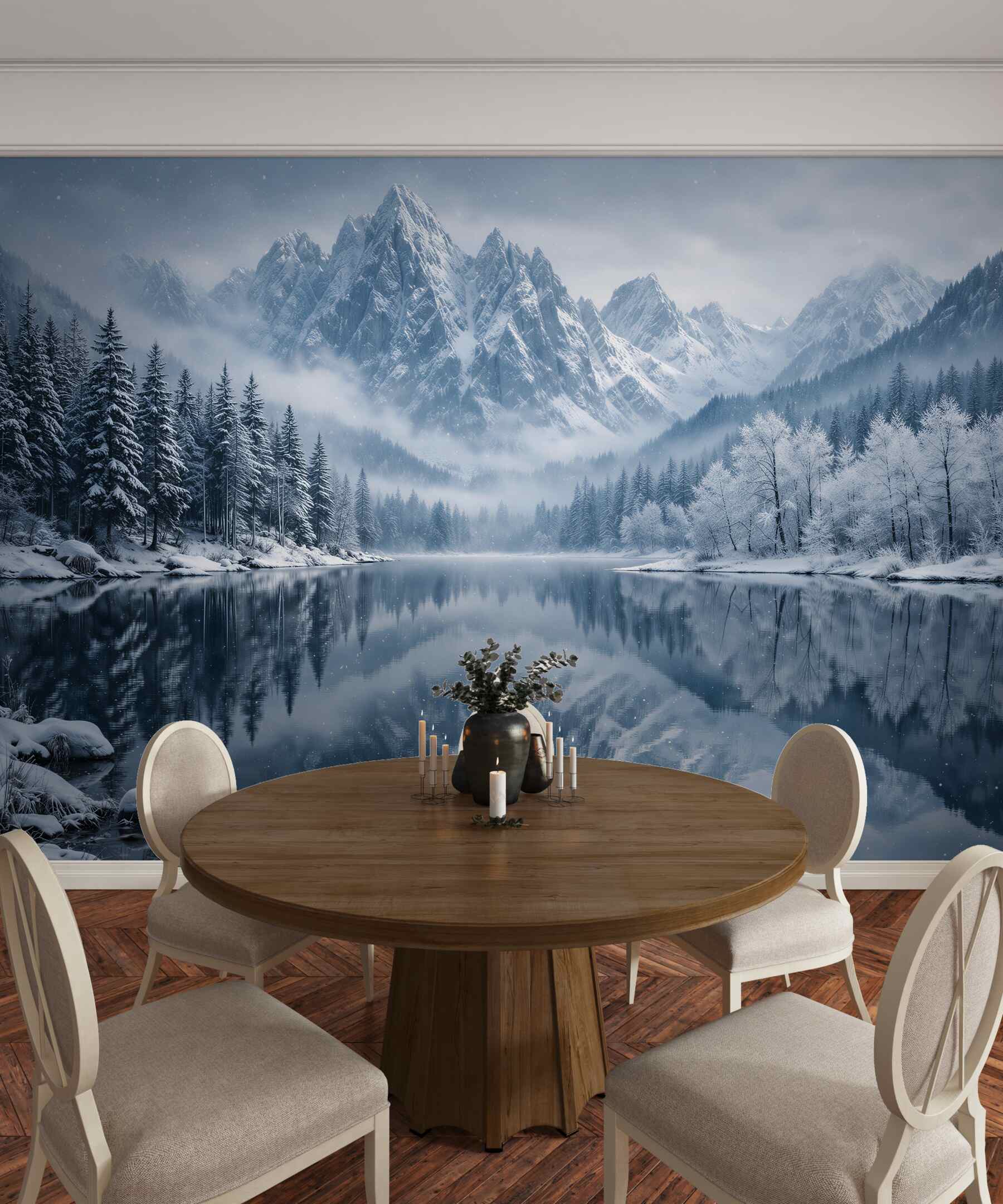 Fototapeten Wintersee unter majestätischen Bergen