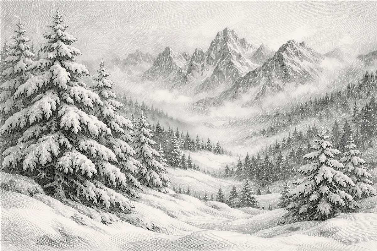 Fototapeten Skizze winterlicher Berge und Fichten