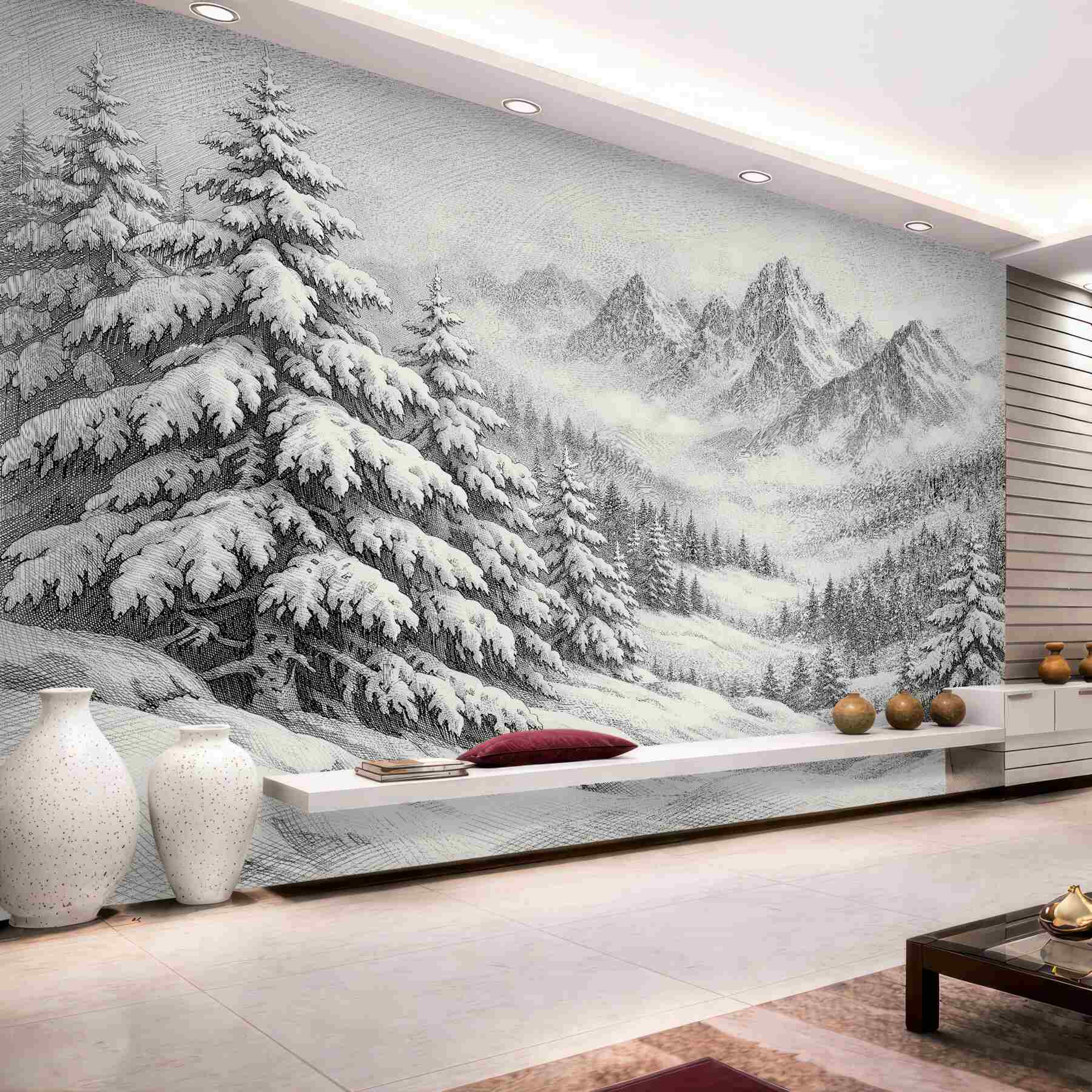 Fototapeten Skizze winterlicher Berge und Fichten