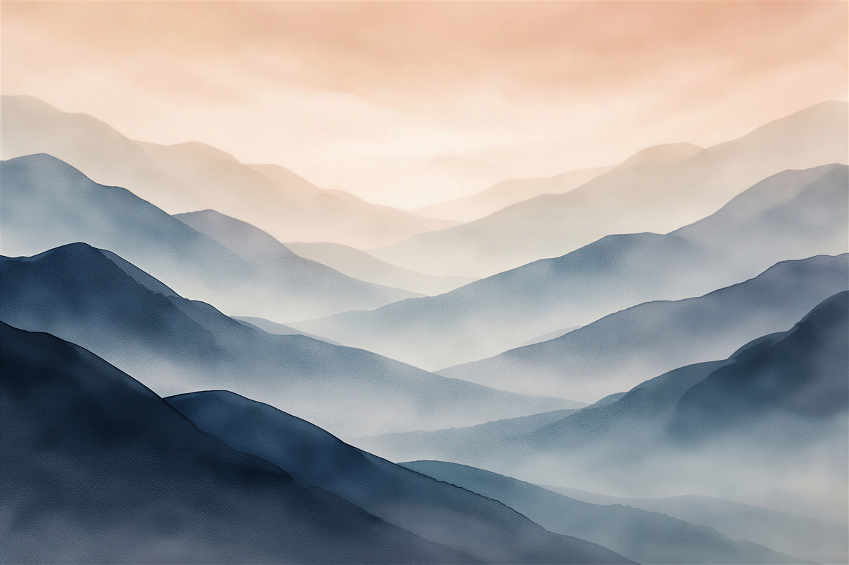 Fototapeten gemalte Berge im Morgennebel