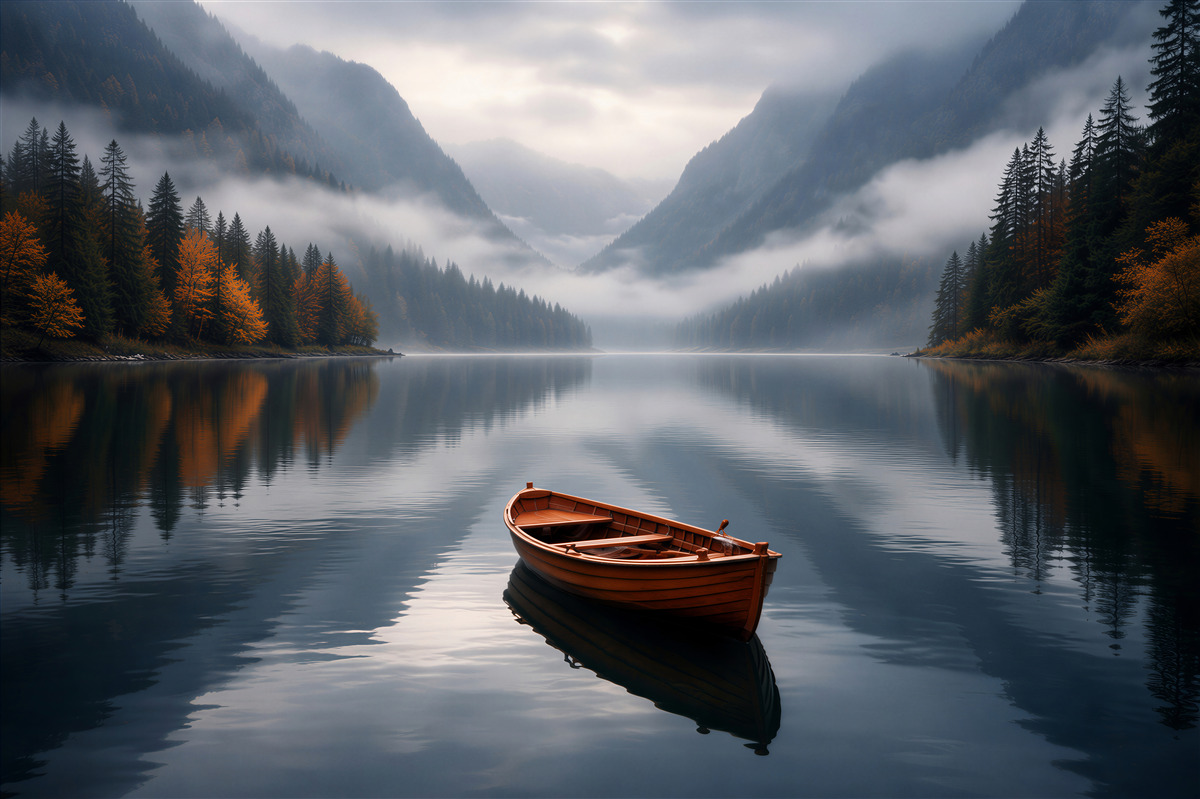Fototapeten einsames Boot am Bergsee