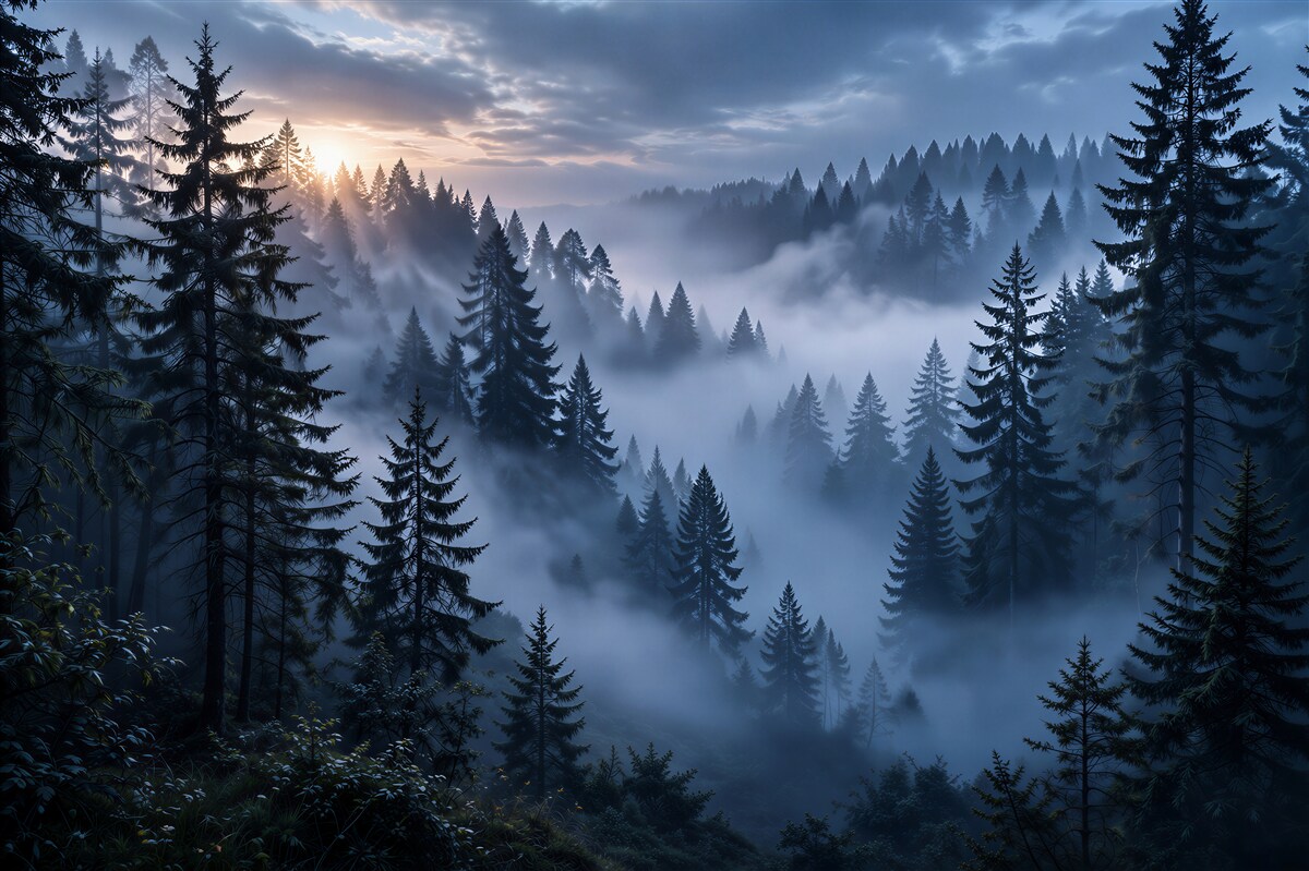 Fototapeten nebliger Fichtenwald bei Sonnenaufgang