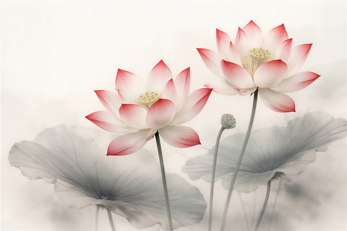 Fototapeten zarte Lotosblumen in pastellfarbener Nebel