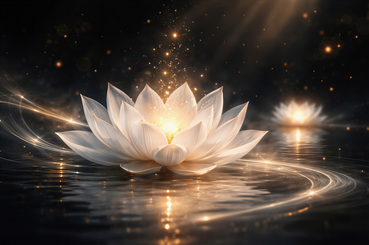 Fototapeten Lichtlotus auf ruhigem Wasser