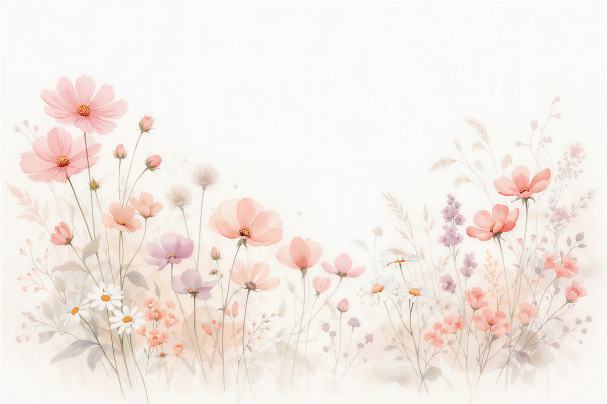 Fototapeten pastellfarbene Wiese in Aquarellblumen