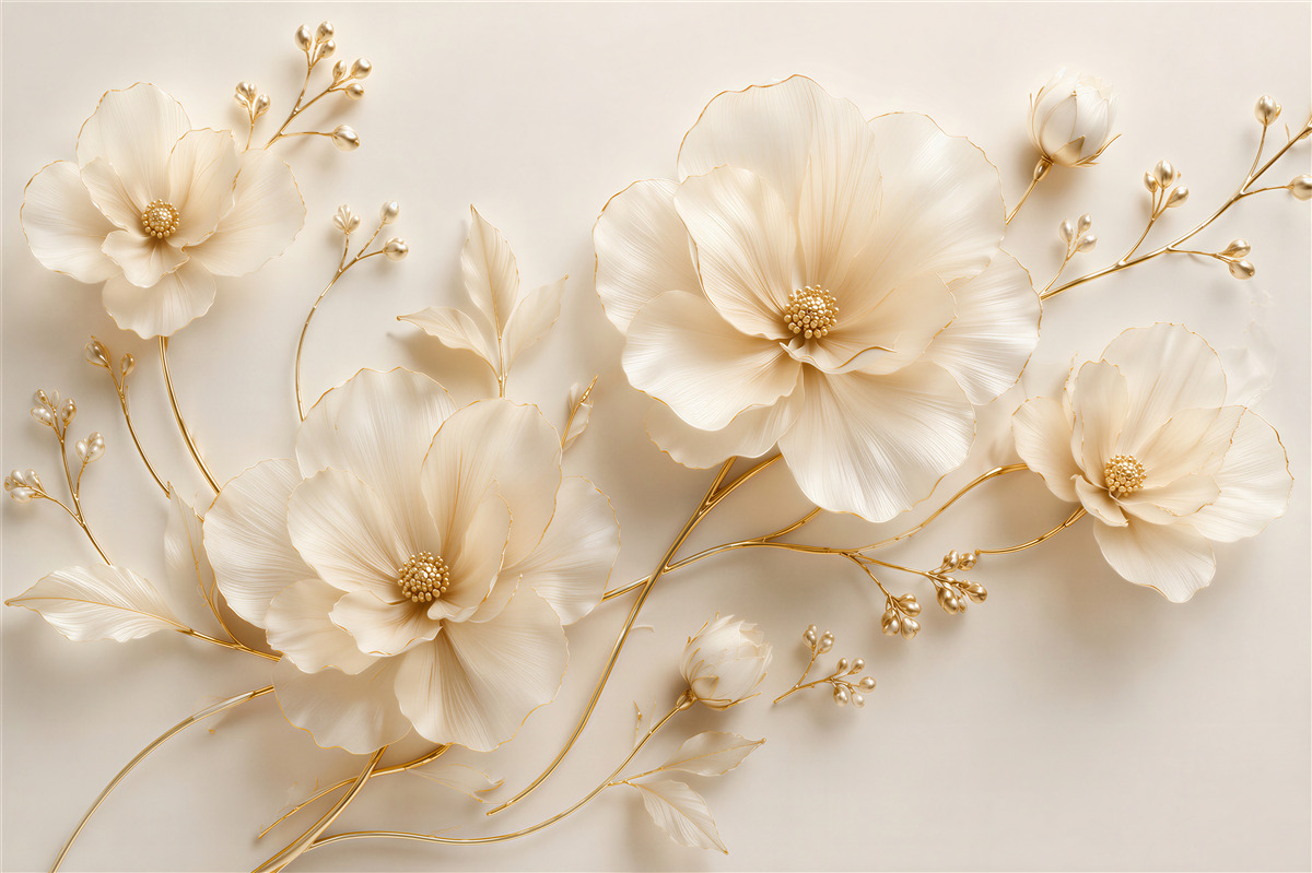 Fototapeten cremige Blumen mit goldener Linie