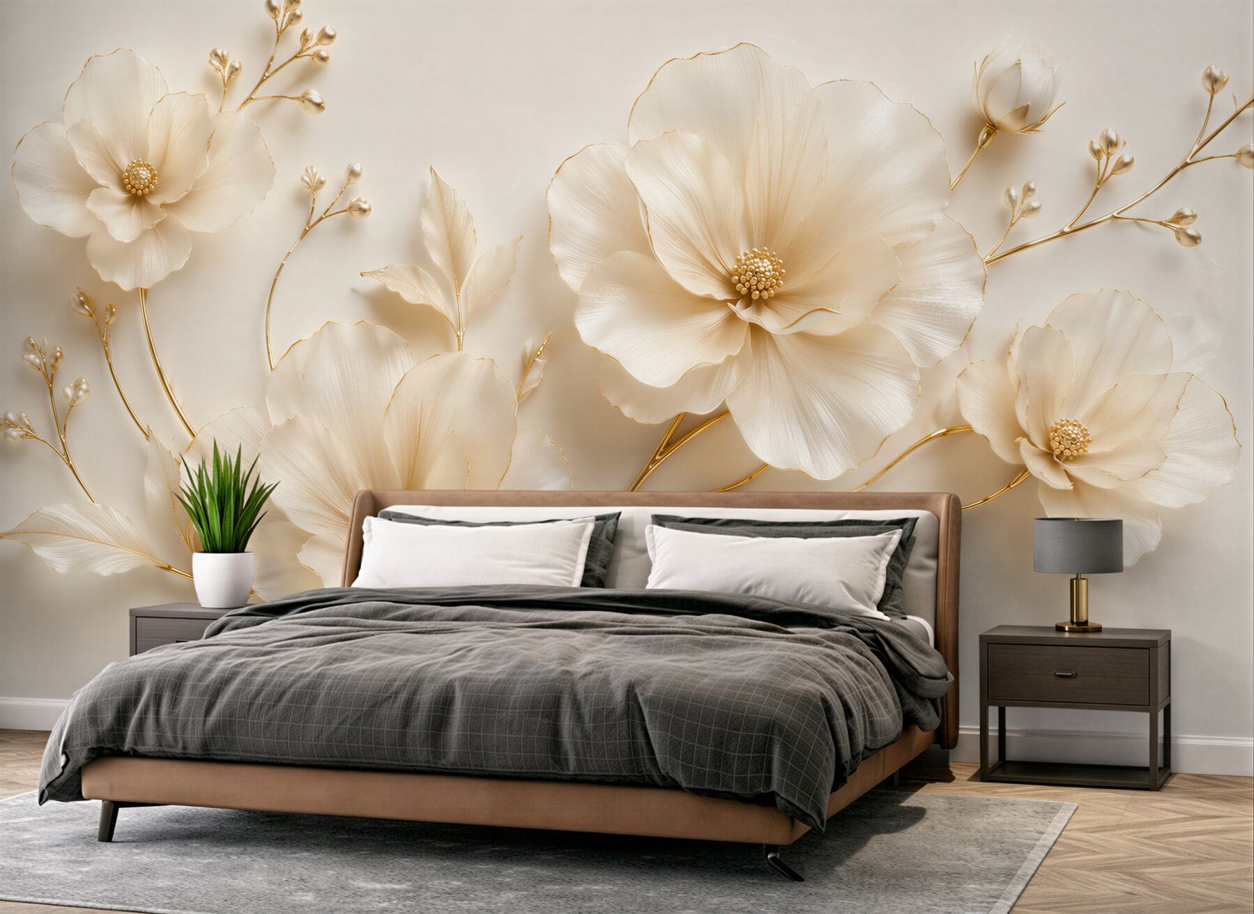 Fototapeten cremige Blumen mit goldener Linie