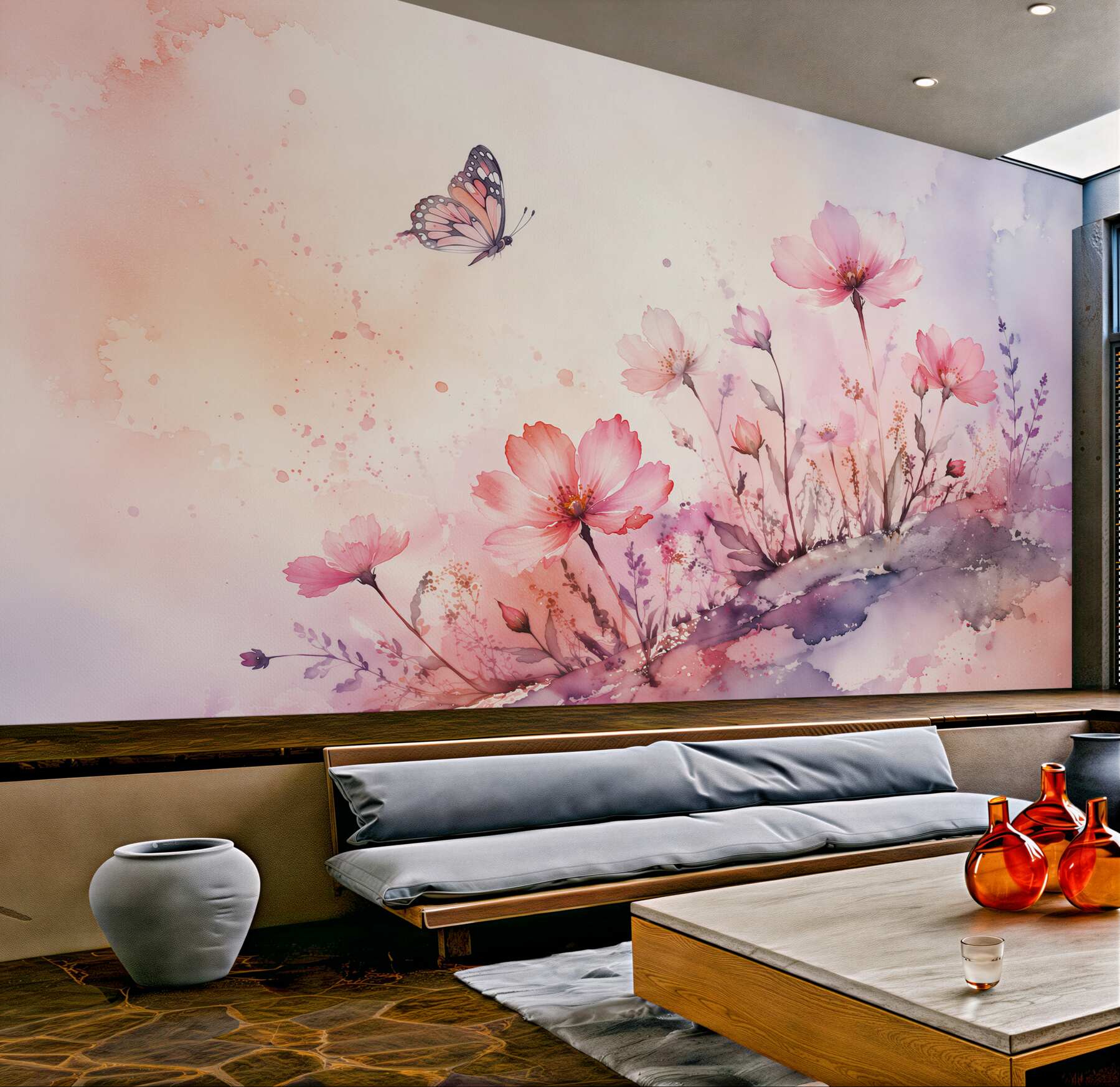 Fototapeten Aquarellblumen mit Schmetterling