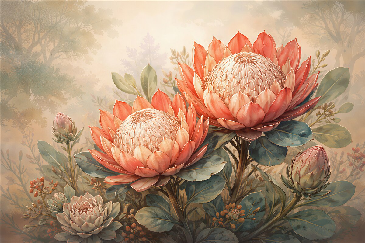 Fototapeten gemalte Proteas in einem Pastellgarten
