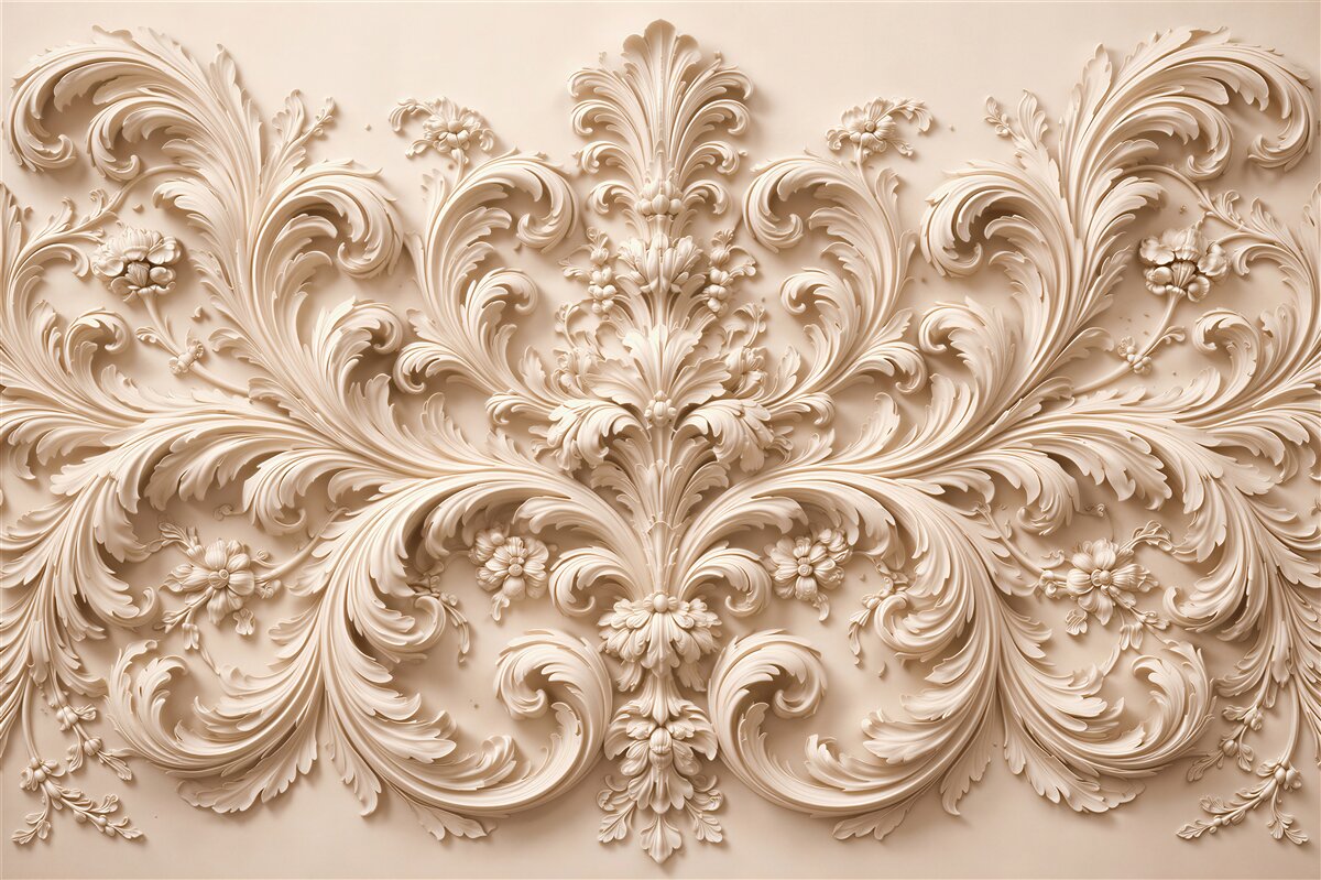 Fototapeten barockes Ornament in cremefarbenem Relief