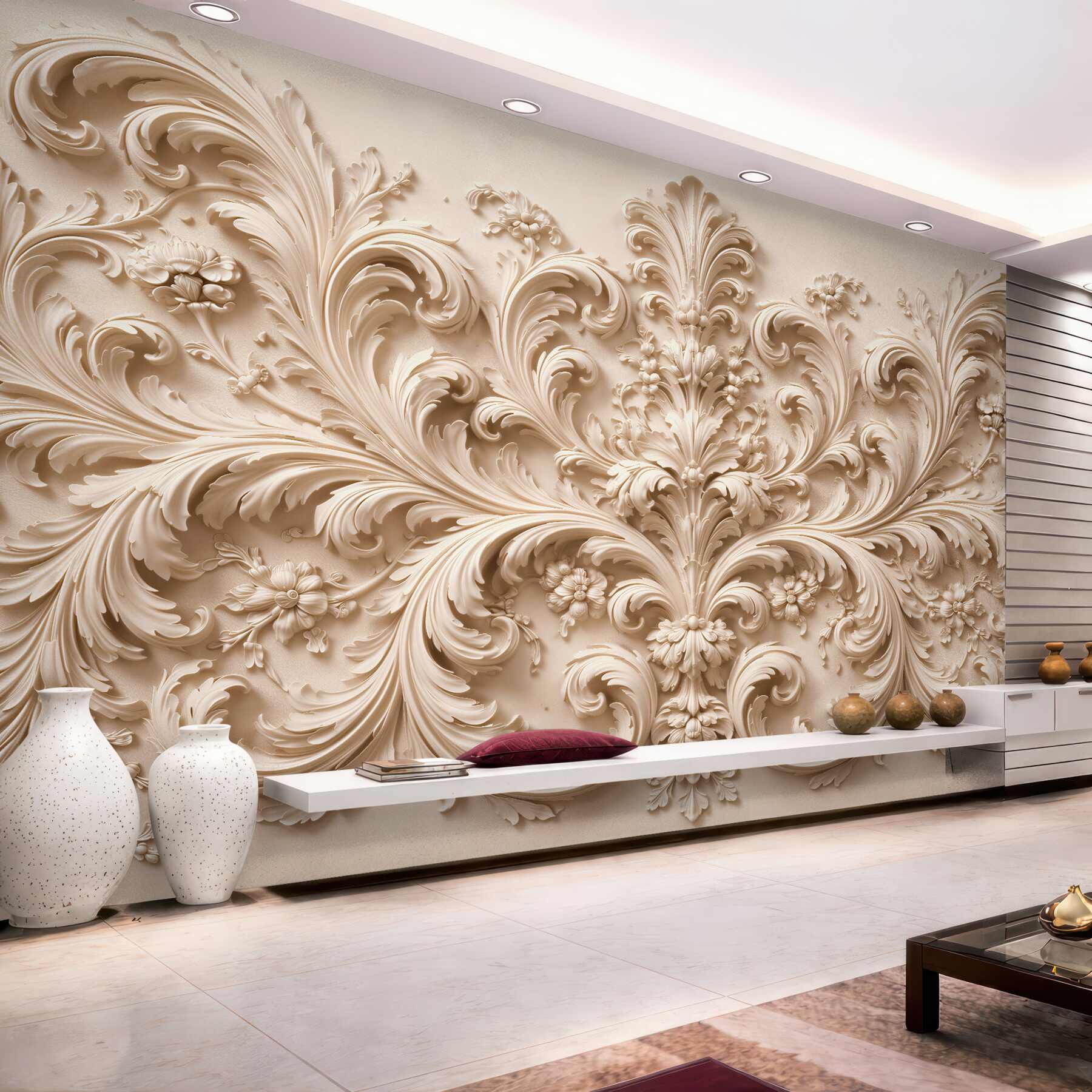 Fototapeten barockes Ornament in cremefarbenem Relief