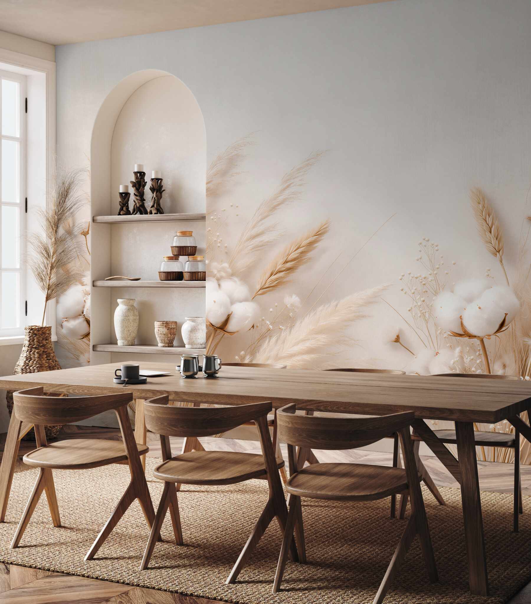 Fototapeten beige Gräser und baumwollige Zartheit