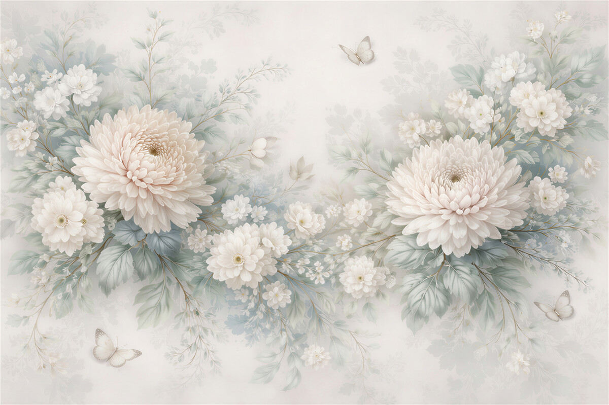 Fototapeten pastellfarbene Chrysanthemen mit Schmetterlingen