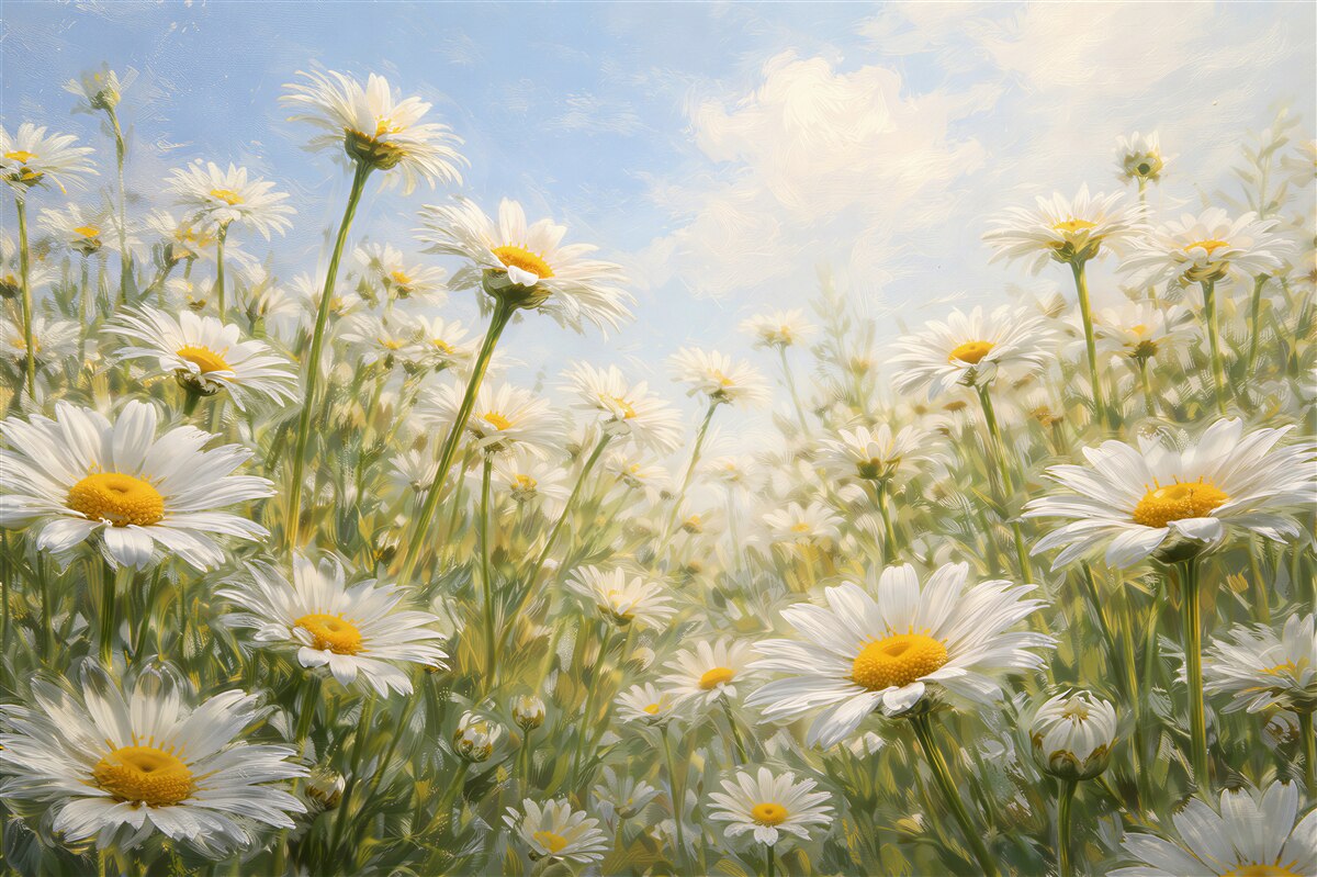 Fototapeten sonnige Gänseblümchen unter blauem Himmel