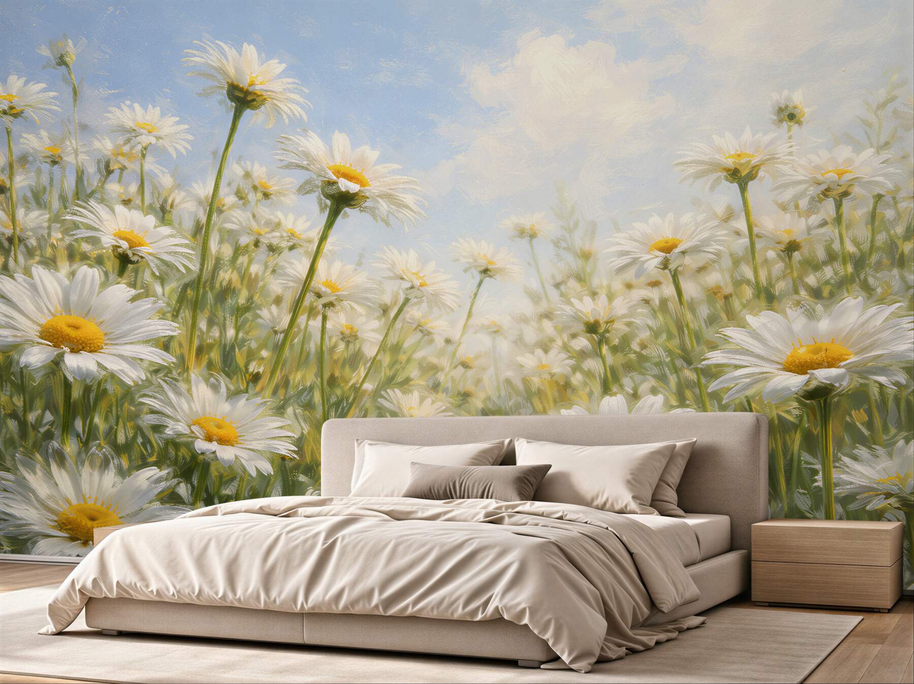 Fototapeten sonnige Gänseblümchen unter blauem Himmel