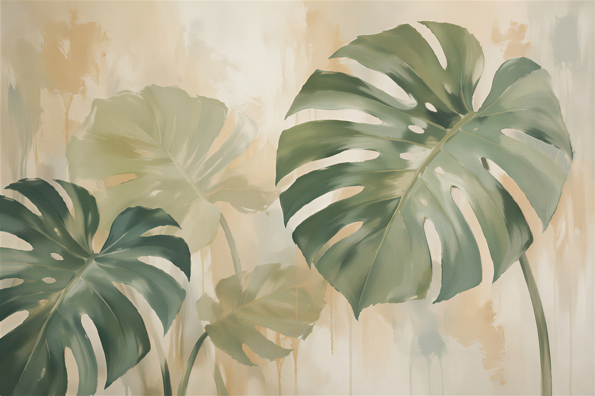 Fototapeten pastellfarbene Blätter der Monstera