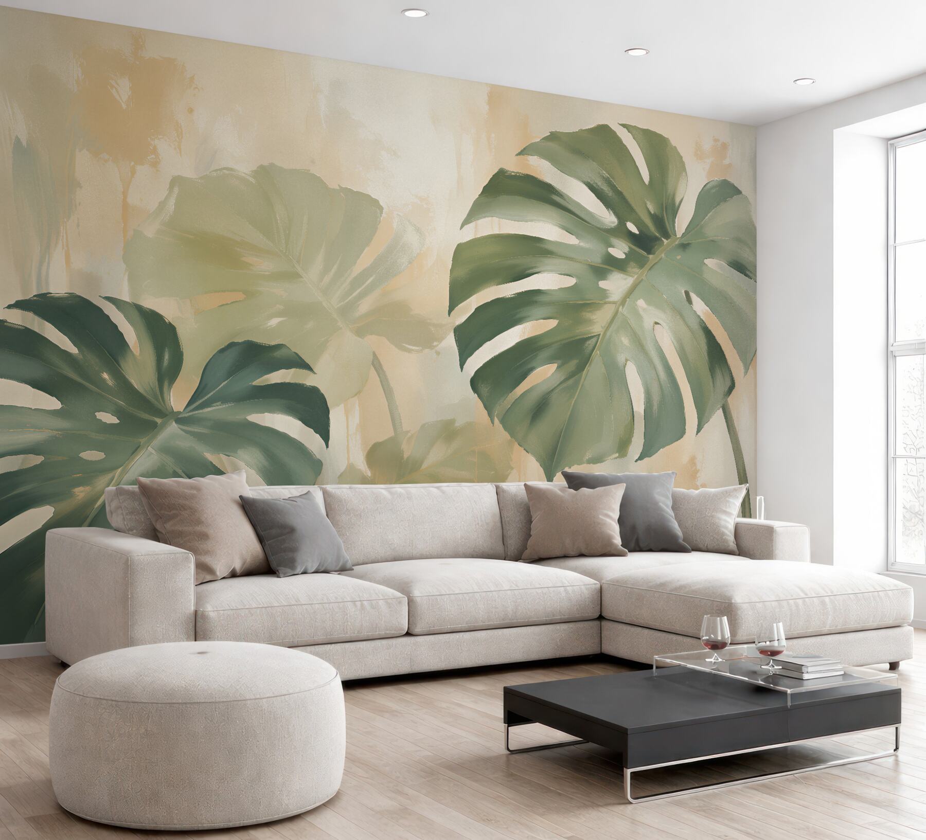 Fototapeten pastellfarbene Blätter der Monstera