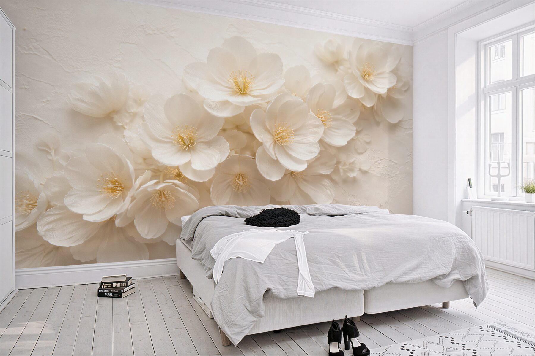 Fototapeten cremefarbene Blumen in elegantem Relief
