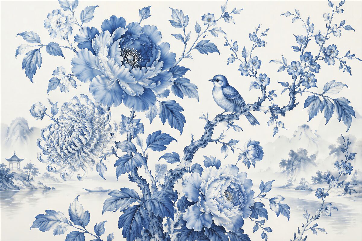 Fototapeten blaue Blumen mit einem Vogel