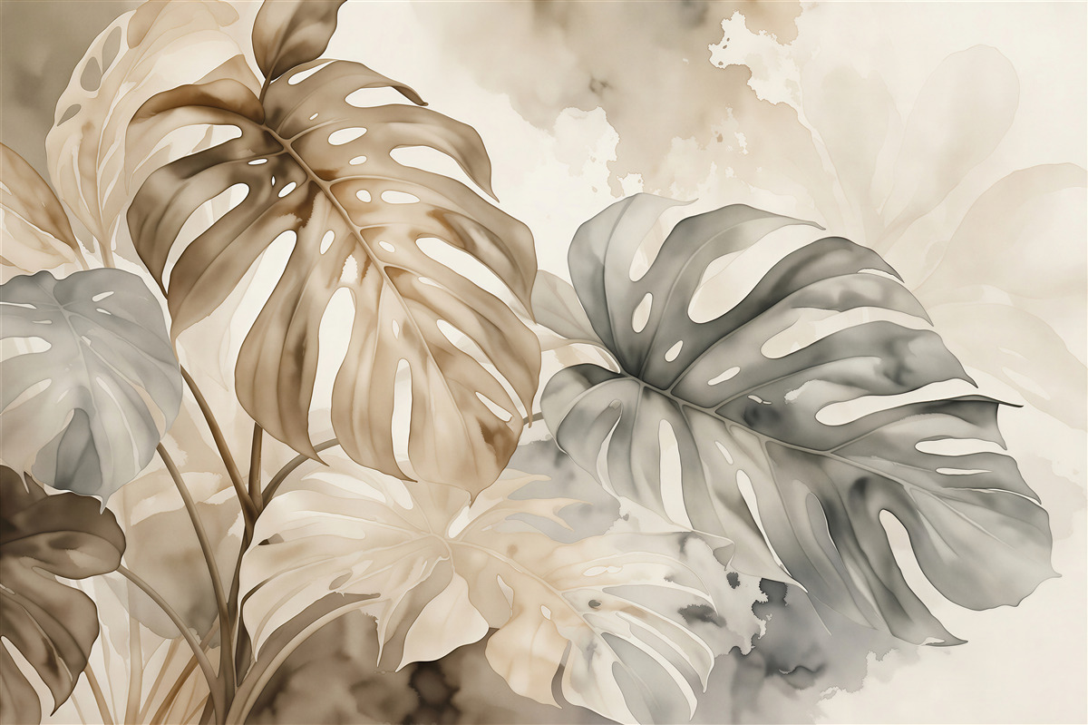 Fototapeten beige Monstera-Blätter Aquarell