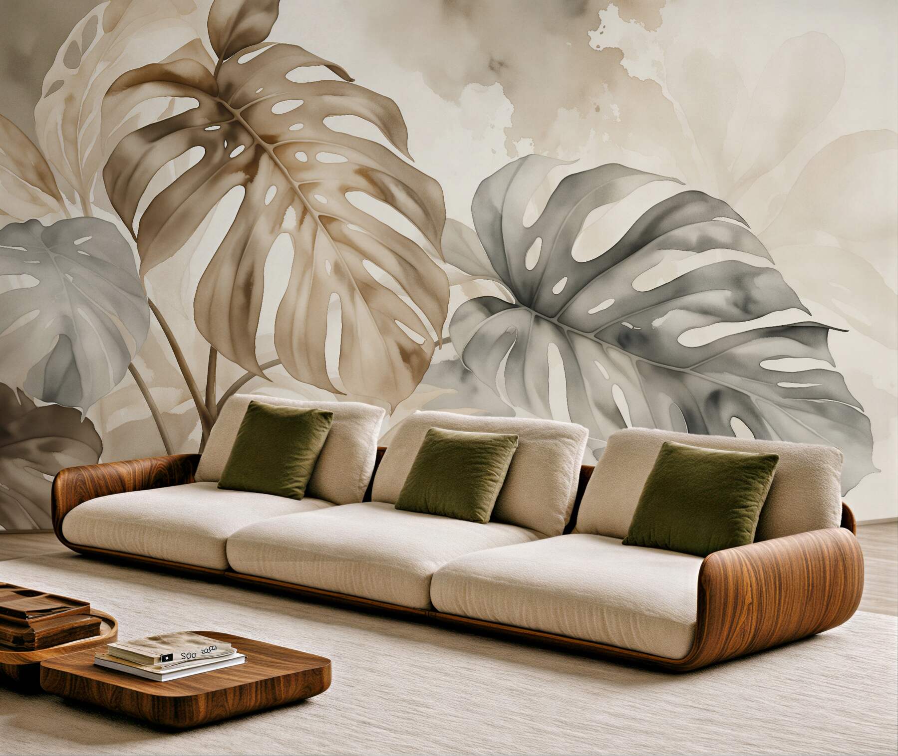 Fototapeten beige Monstera-Blätter Aquarell
