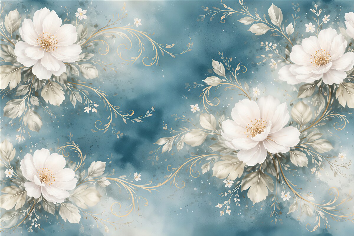 Fototapeten weiße Blumen auf blauem Hintergrund