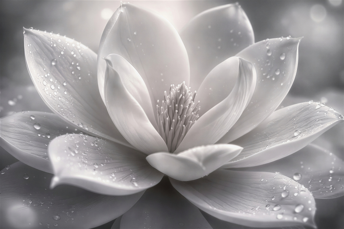 Fototapeten weiße Magnolia mit Tauperlen