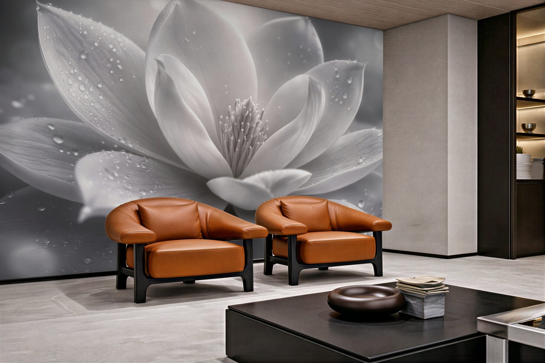 Fototapeten weiße Magnolia mit Tauperlen