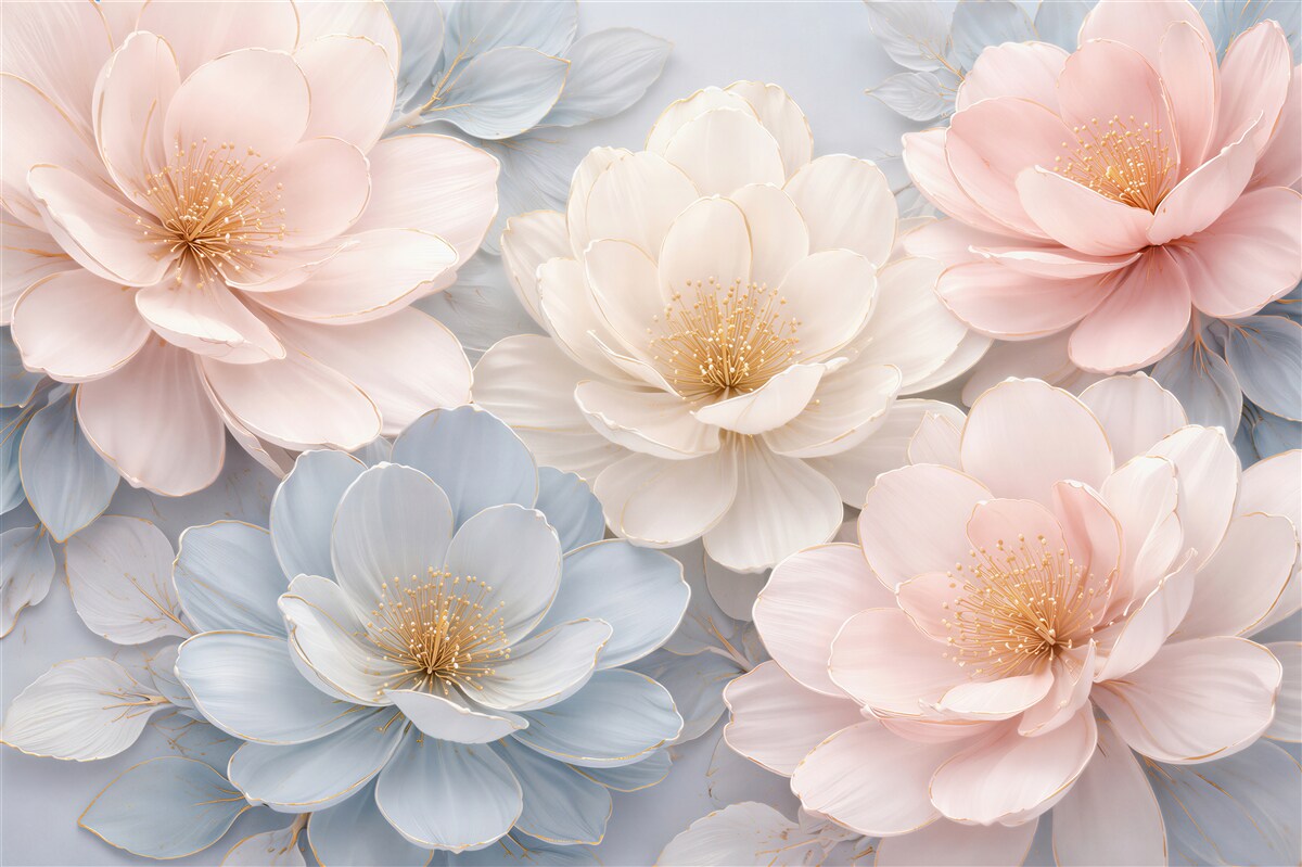 Fototapeten pastellfarbene Blumen mit goldenem Glanz