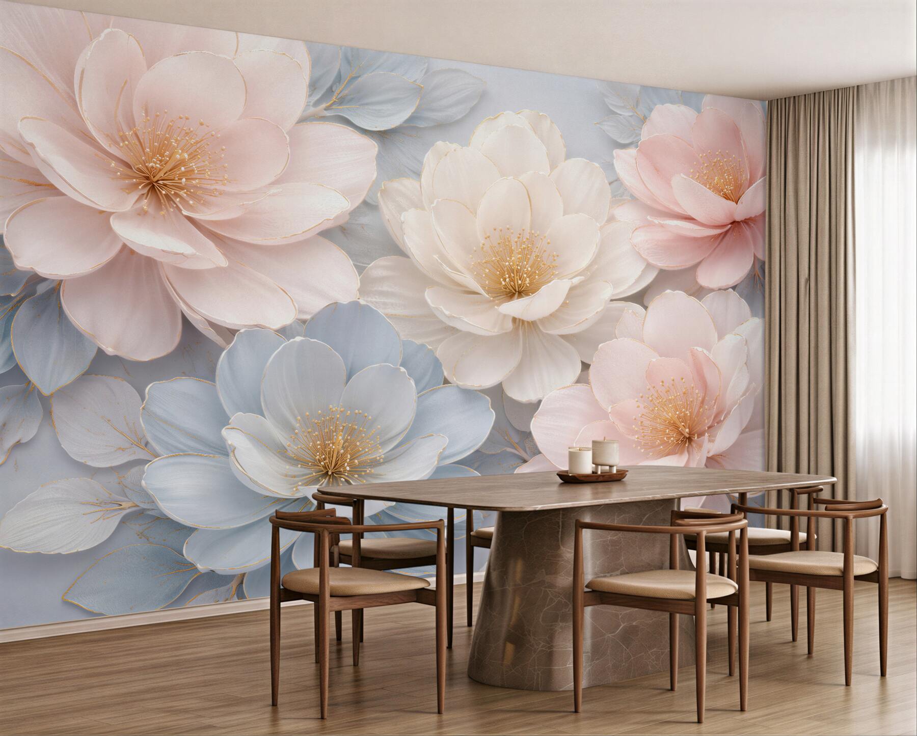 Fototapeten pastellfarbene Blumen mit goldenem Glanz