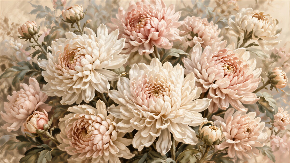 Fototapeten pudrige Chrysanthemen im Glanz