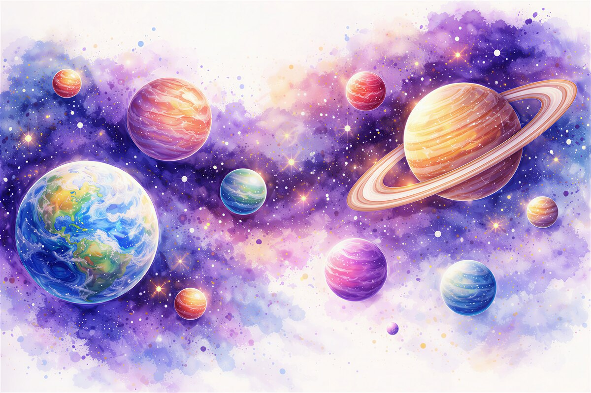 Fototapeten Aquarellplaneten im lila Kosmos