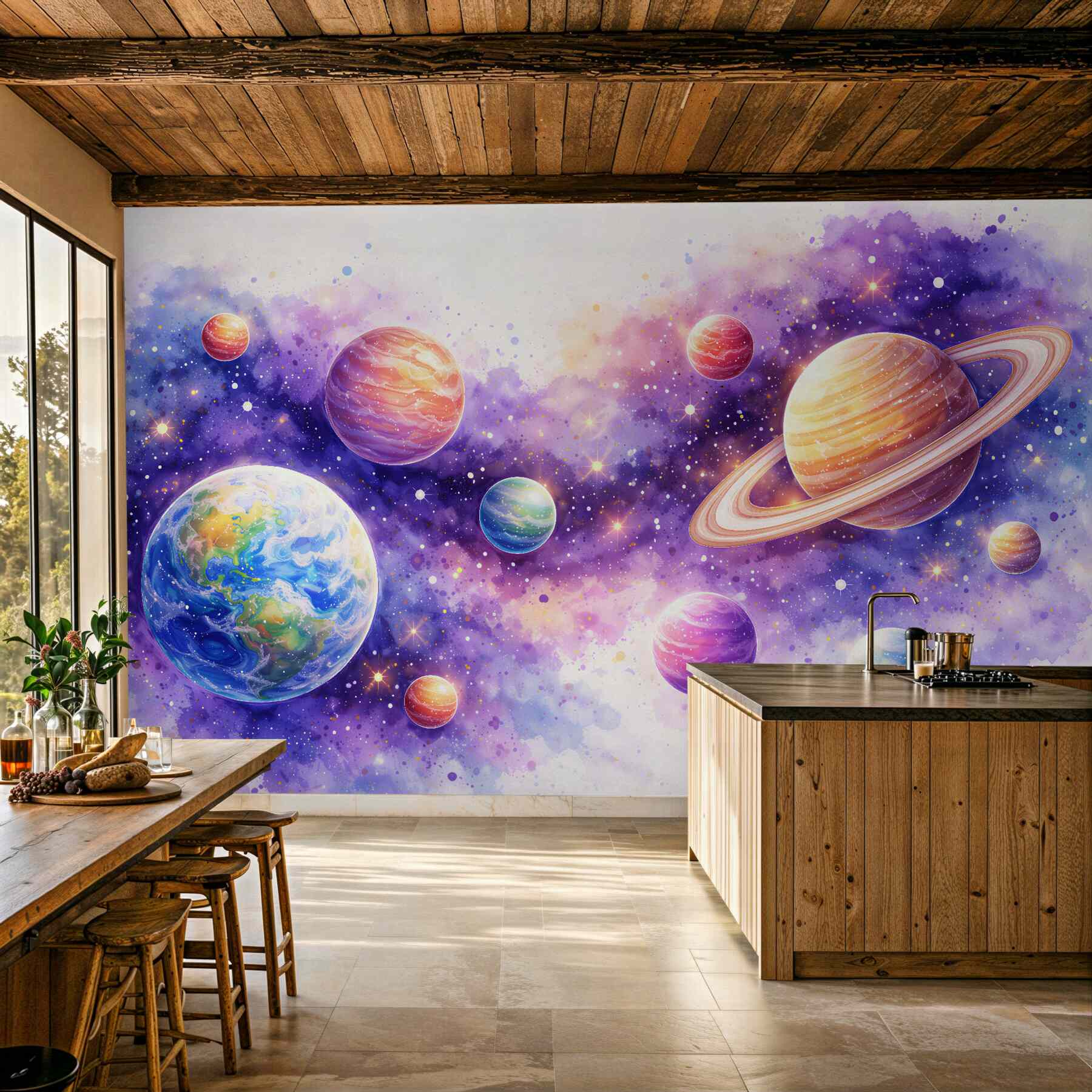 Fototapeten Aquarellplaneten im lila Kosmos
