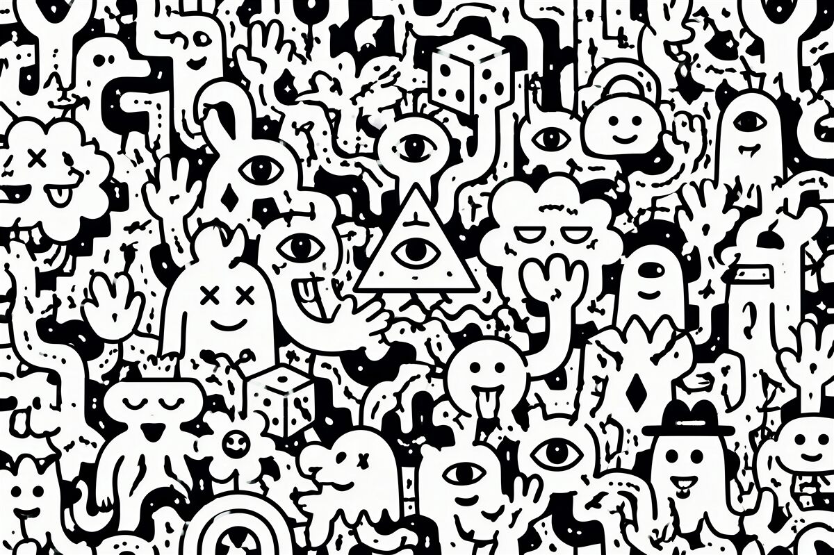 Fototapeten schwarz-weiße Doodle-Monster