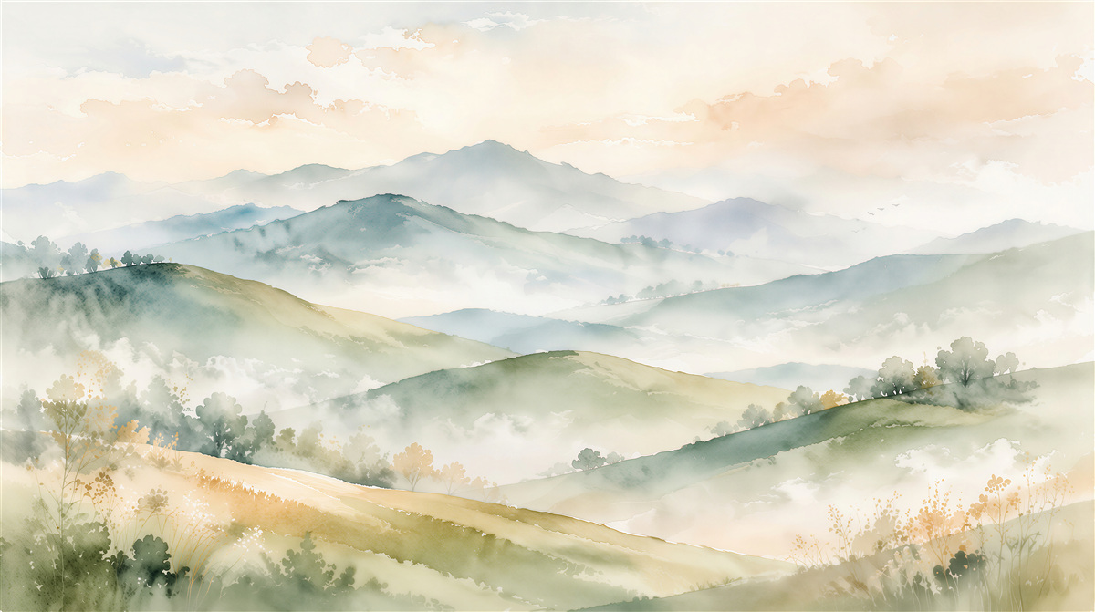 Fototapeten nebliger Aquarellhügel