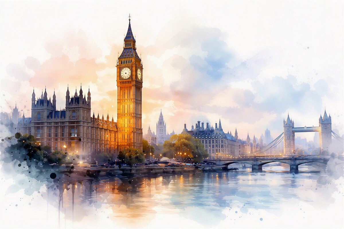 Fototapeten Aquarell London bei Sonnenaufgang