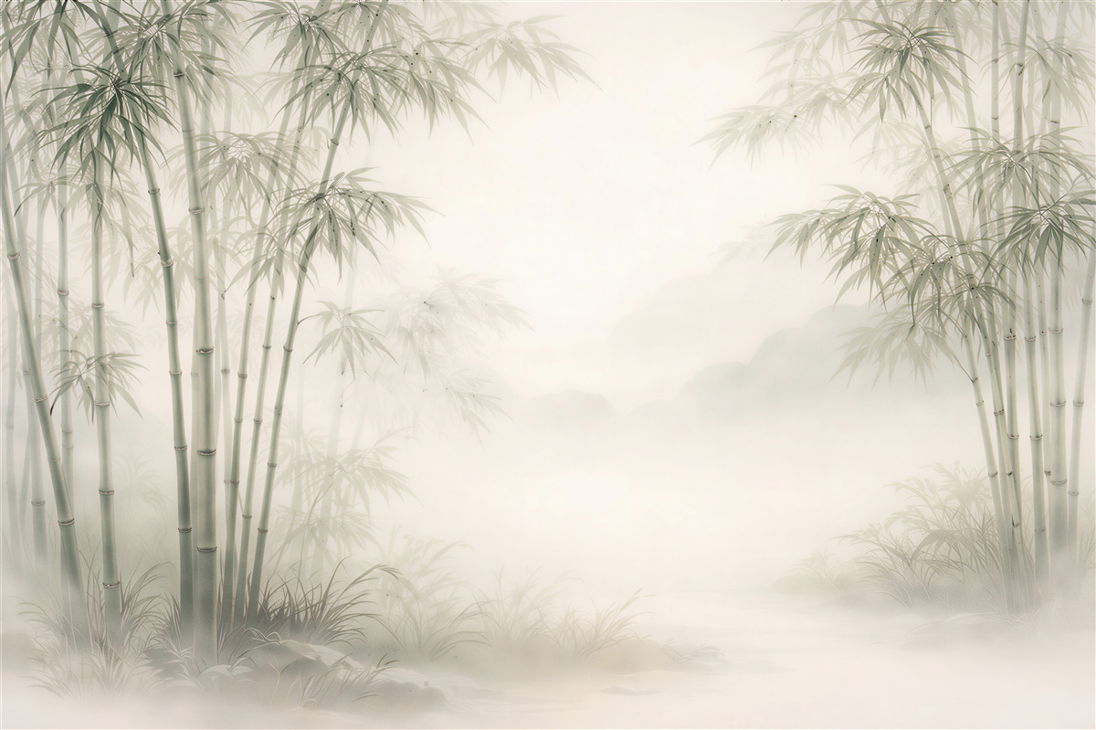 Fototapeten Bambus-Ecke im Nebel