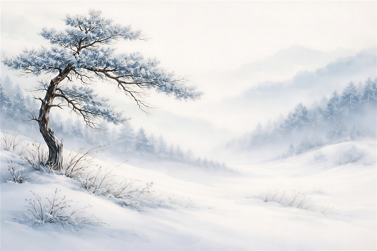Fototapeten Winterlandschaft mit einer einsamen Kiefer