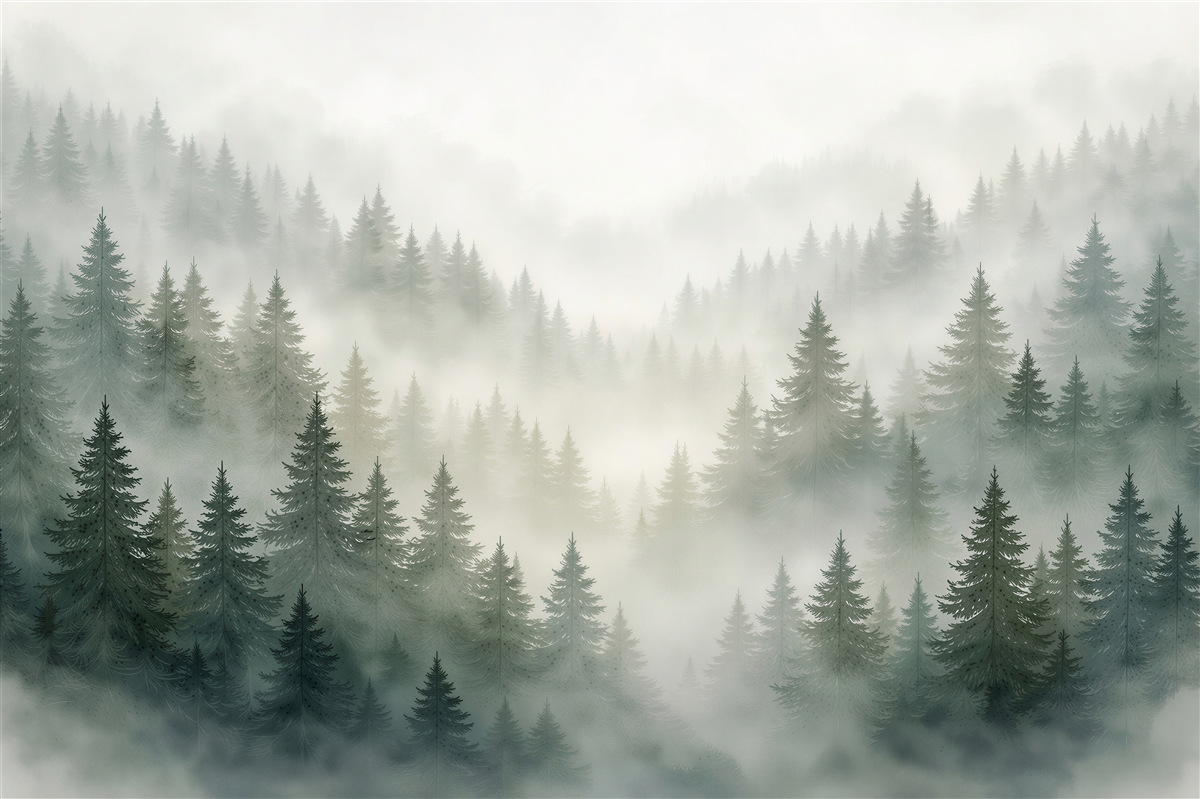 Fototapeten nebliger Tannenwald