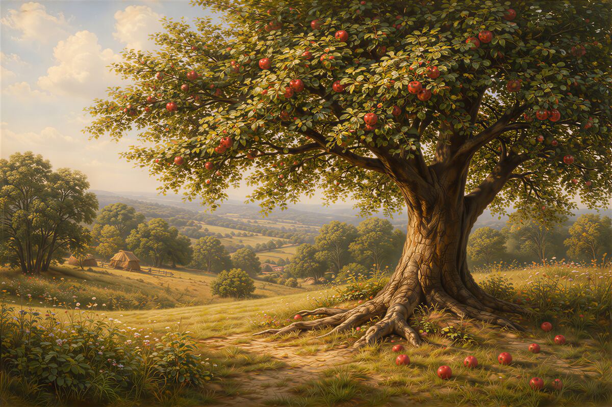 Fototapeten ländlicher Apfelbaum in goldener Landschaft