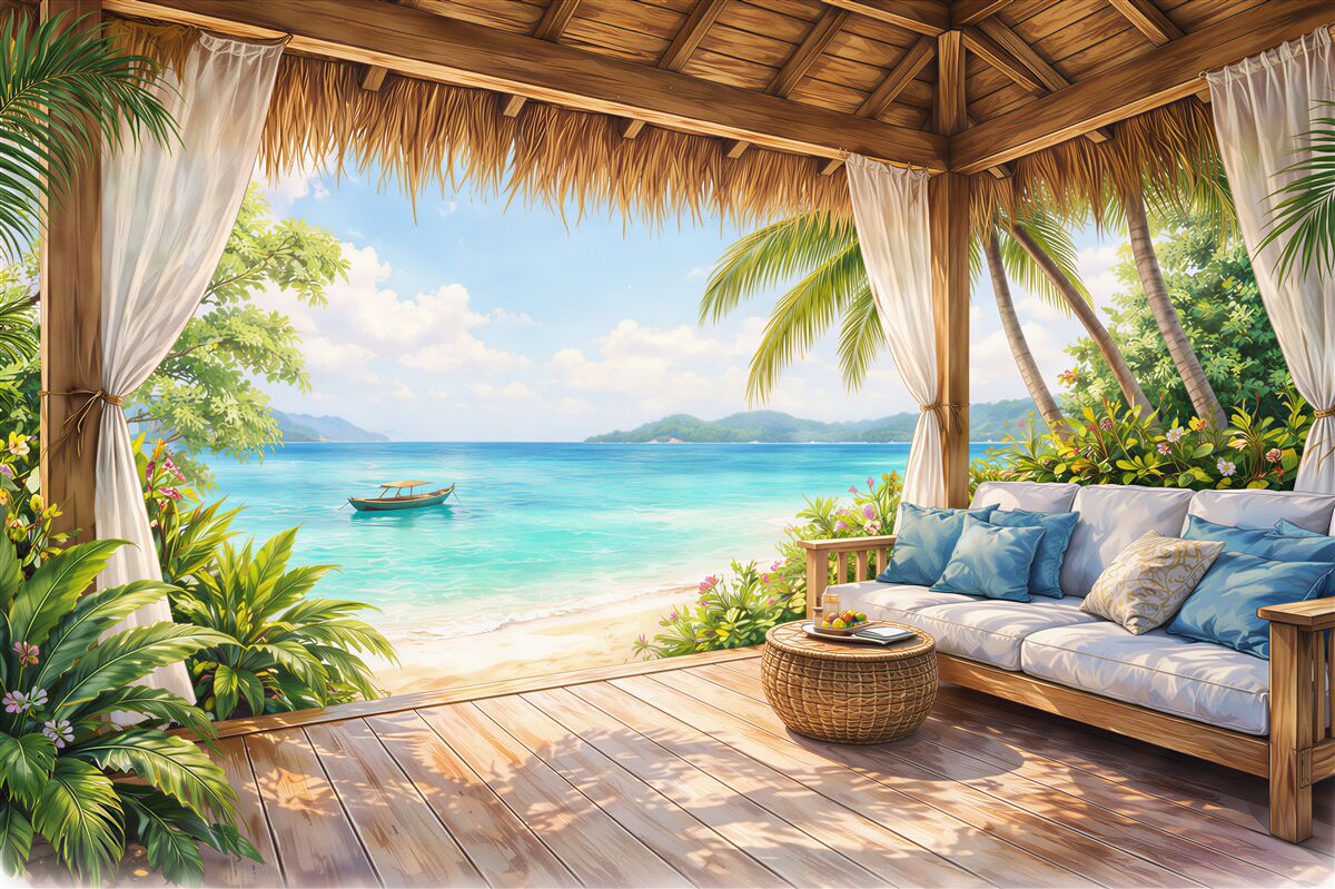 Fototapeten tropische Terrasse an einem paradiesischen Strand