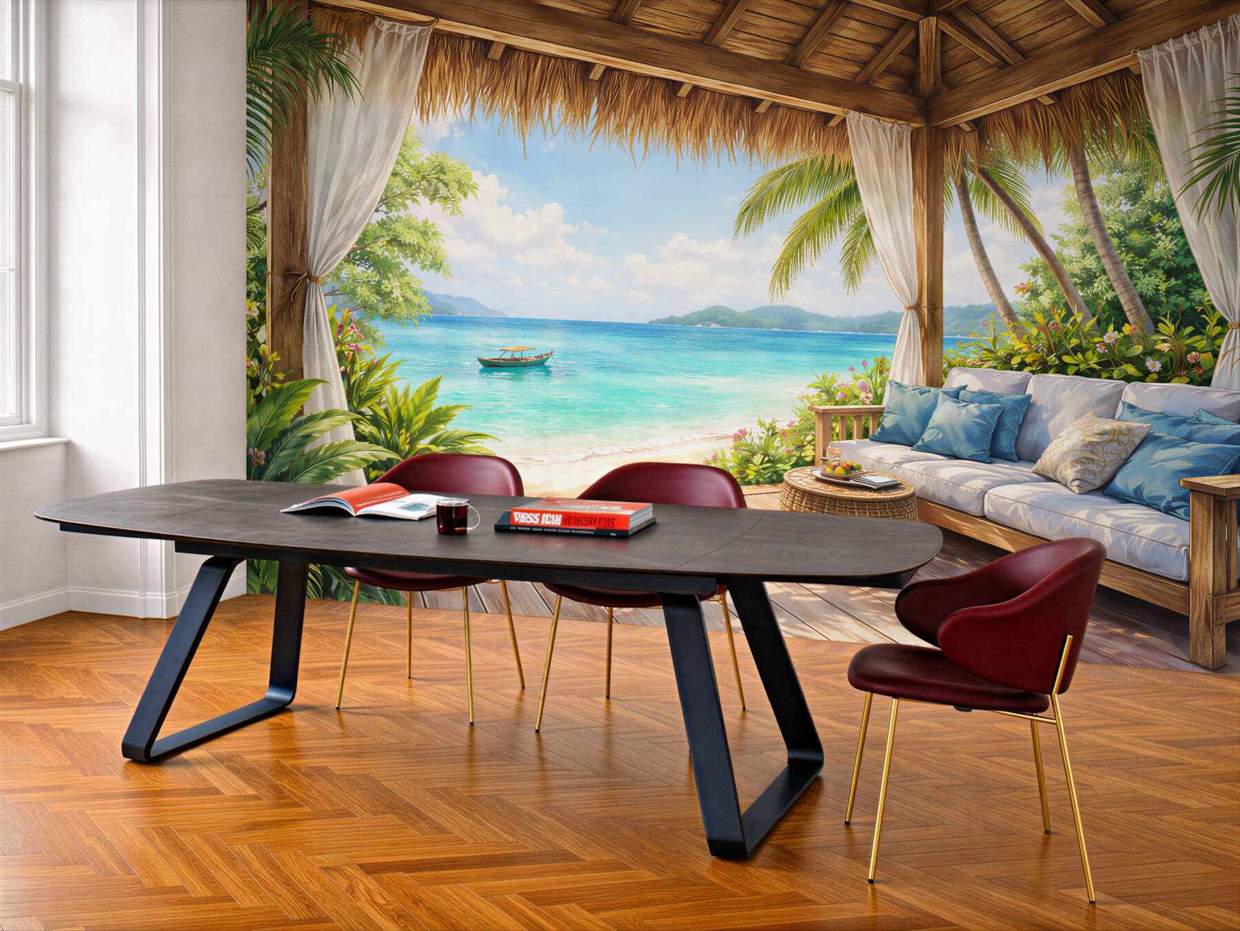 Fototapeten tropische Terrasse an einem paradiesischen Strand
