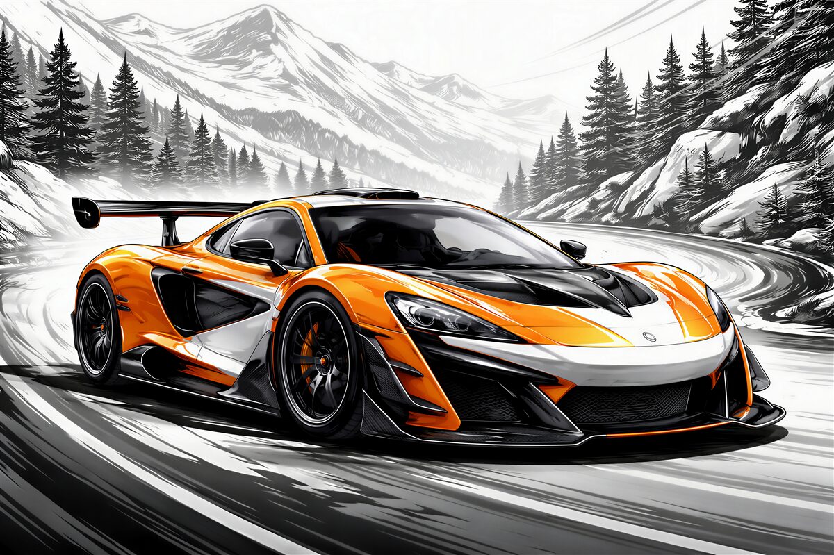 Fototapeten Orangen-Supercar in einer Bergkurve