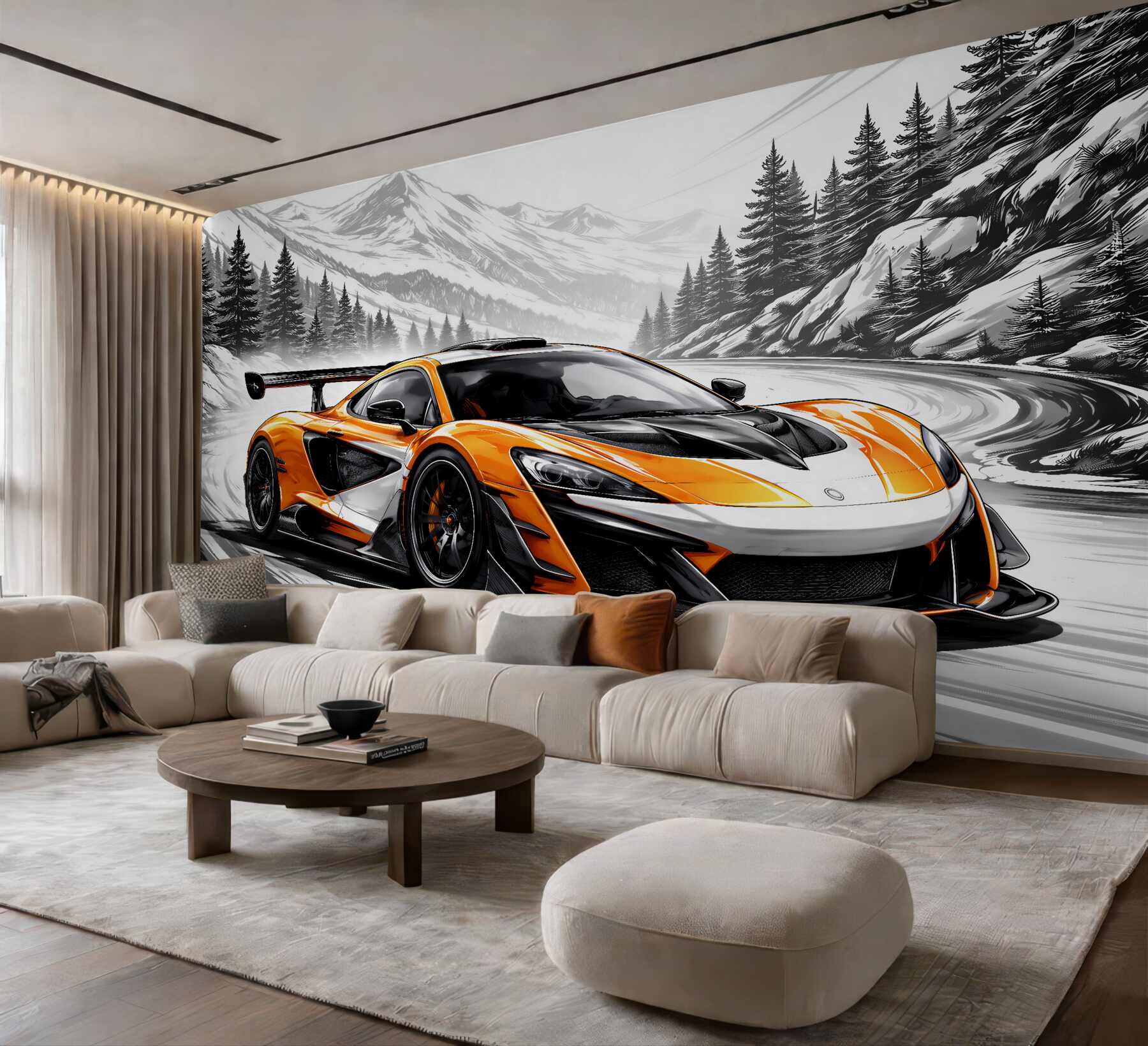 Fototapeten Orangen-Supercar in einer Bergkurve