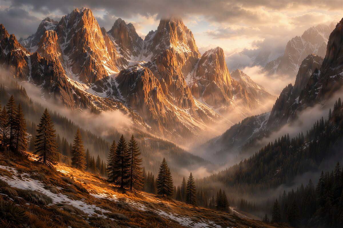 Fototapeten goldene Gipfel der Berge im Morgennebel
