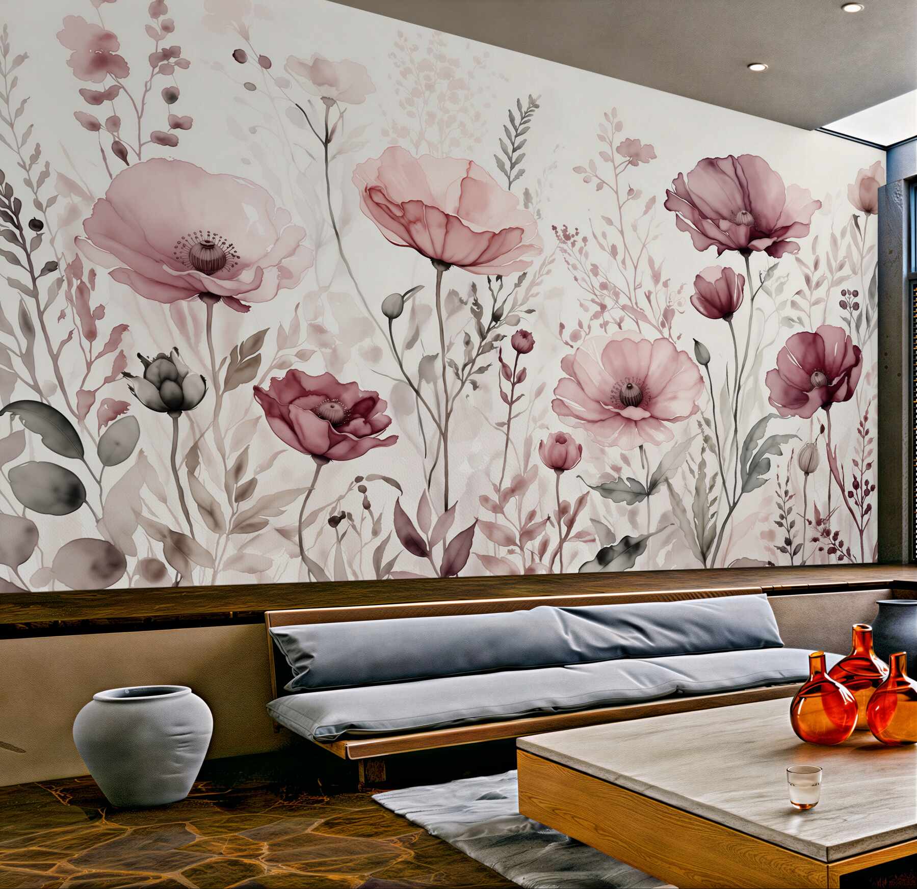 Fototapeten pudrige Mohnblumen in Aquarell
